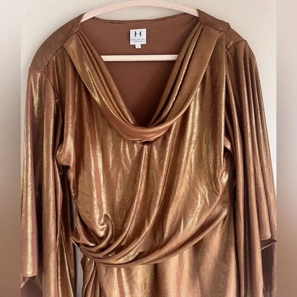 HALSTON Heritage Women’s Long Sleeve Gold Draped Dress size 2 - Picture 3 of 7